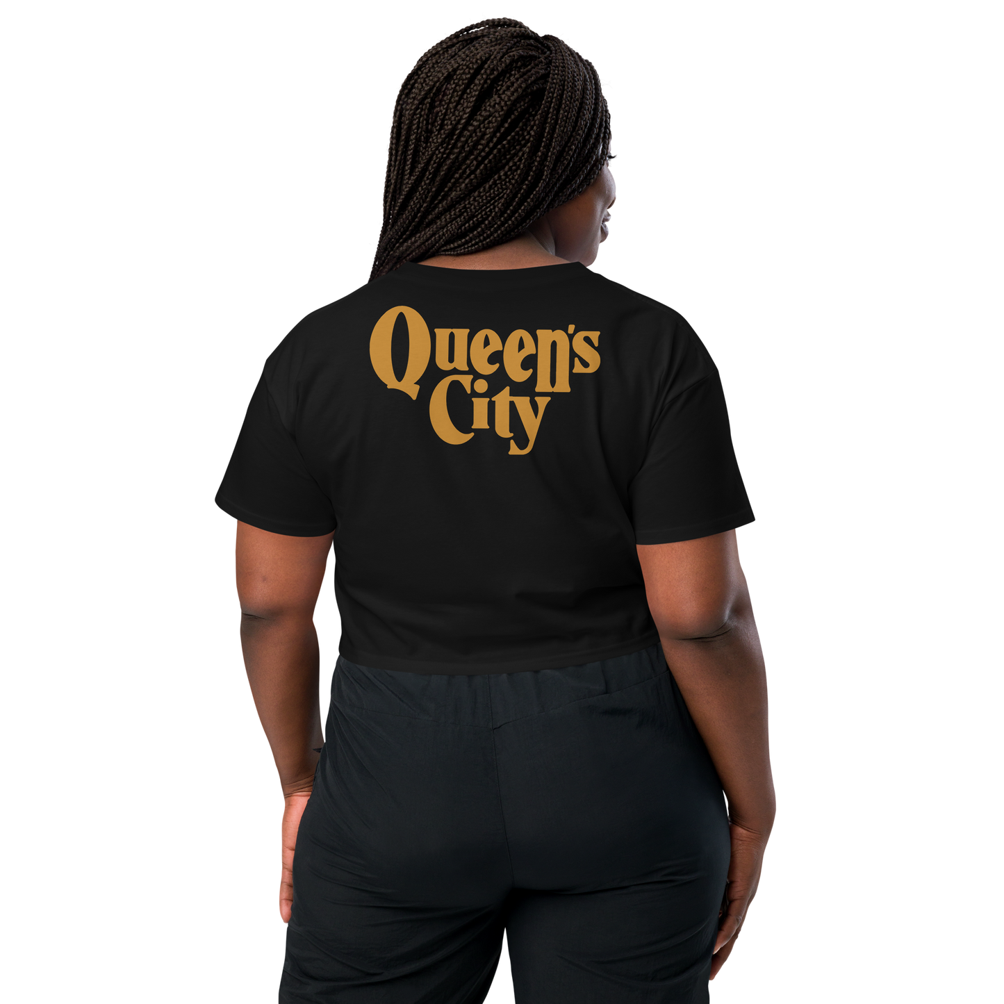 QUEEN'S CITY Logo Women’s Embroidered Crop Top (Black with Gold)