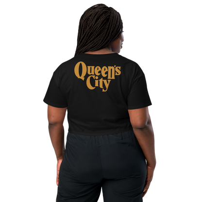 QUEEN'S CITY Logo Women’s Embroidered Crop Top (Black with Gold)