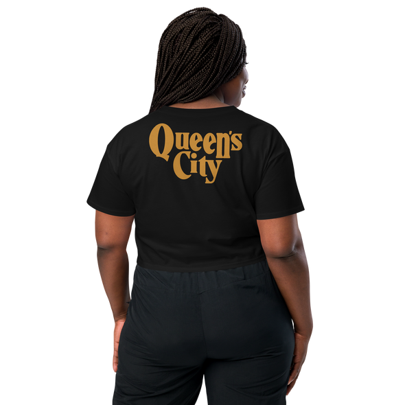 QUEEN'S CITY Logo Women’s Embroidered Crop Top (Black with Gold)