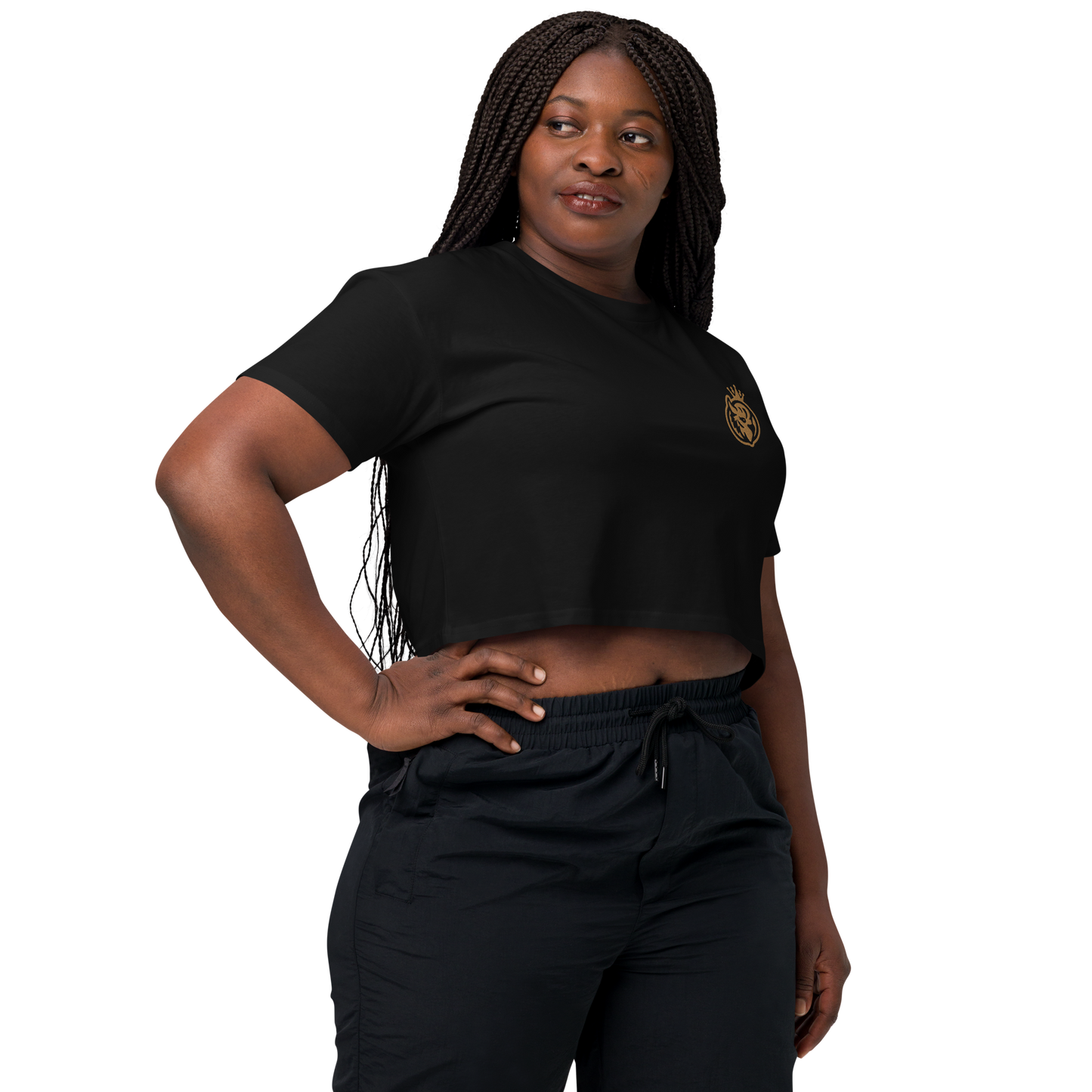 QUEEN'S CITY Logo Women’s Embroidered Crop Top (Black with Gold)