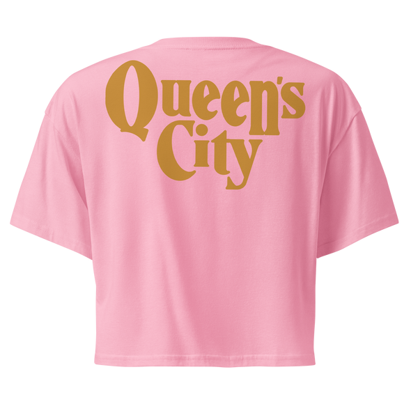 QUEEN'S CITY Logo Women’s Embroidered Crop Top (Pink with Gold)