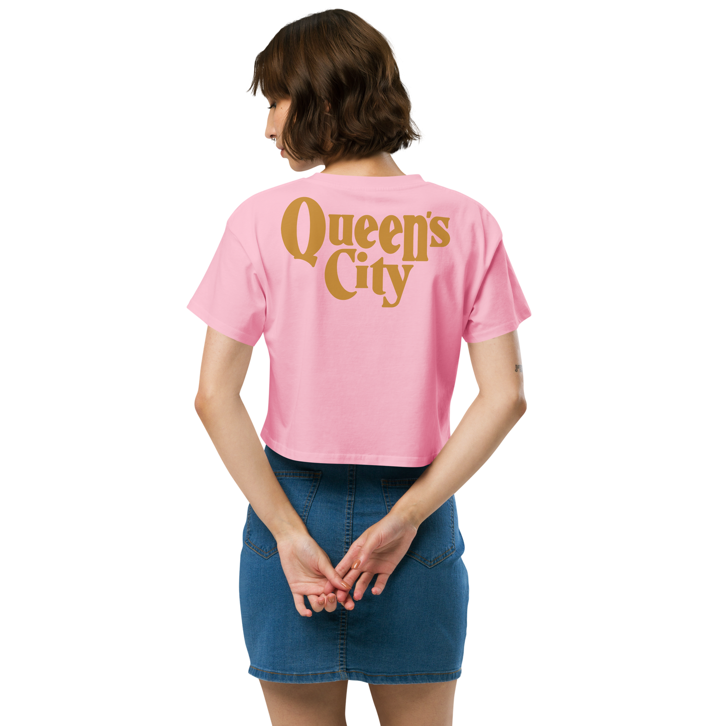 QUEEN'S CITY Logo Women’s Embroidered Crop Top (Pink with Gold)