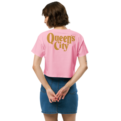 QUEEN'S CITY Logo Women’s Embroidered Crop Top (Pink with Gold)