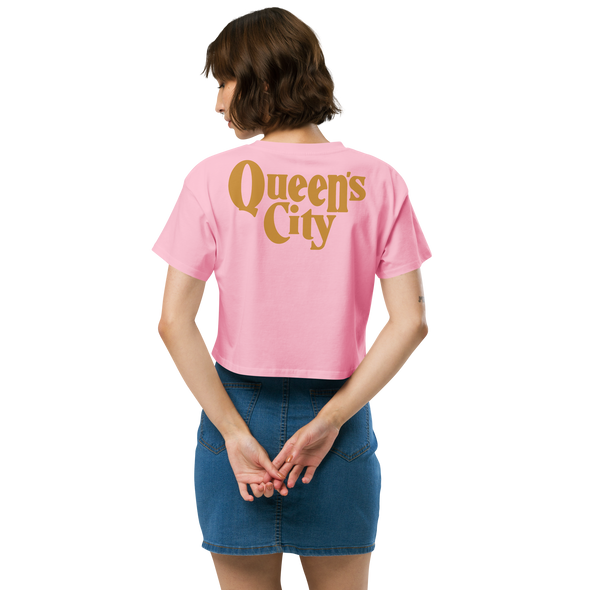 QUEEN'S CITY Logo Women’s Embroidered Crop Top (Pink with Gold)