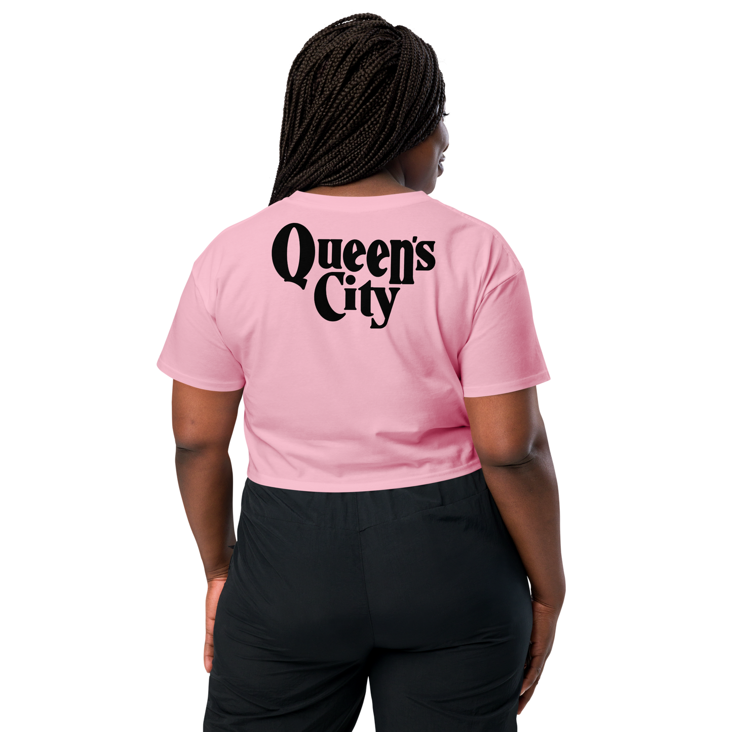 QUEEN'S CITY Logo Women’s Embroidered Crop Top (Pink with Black)